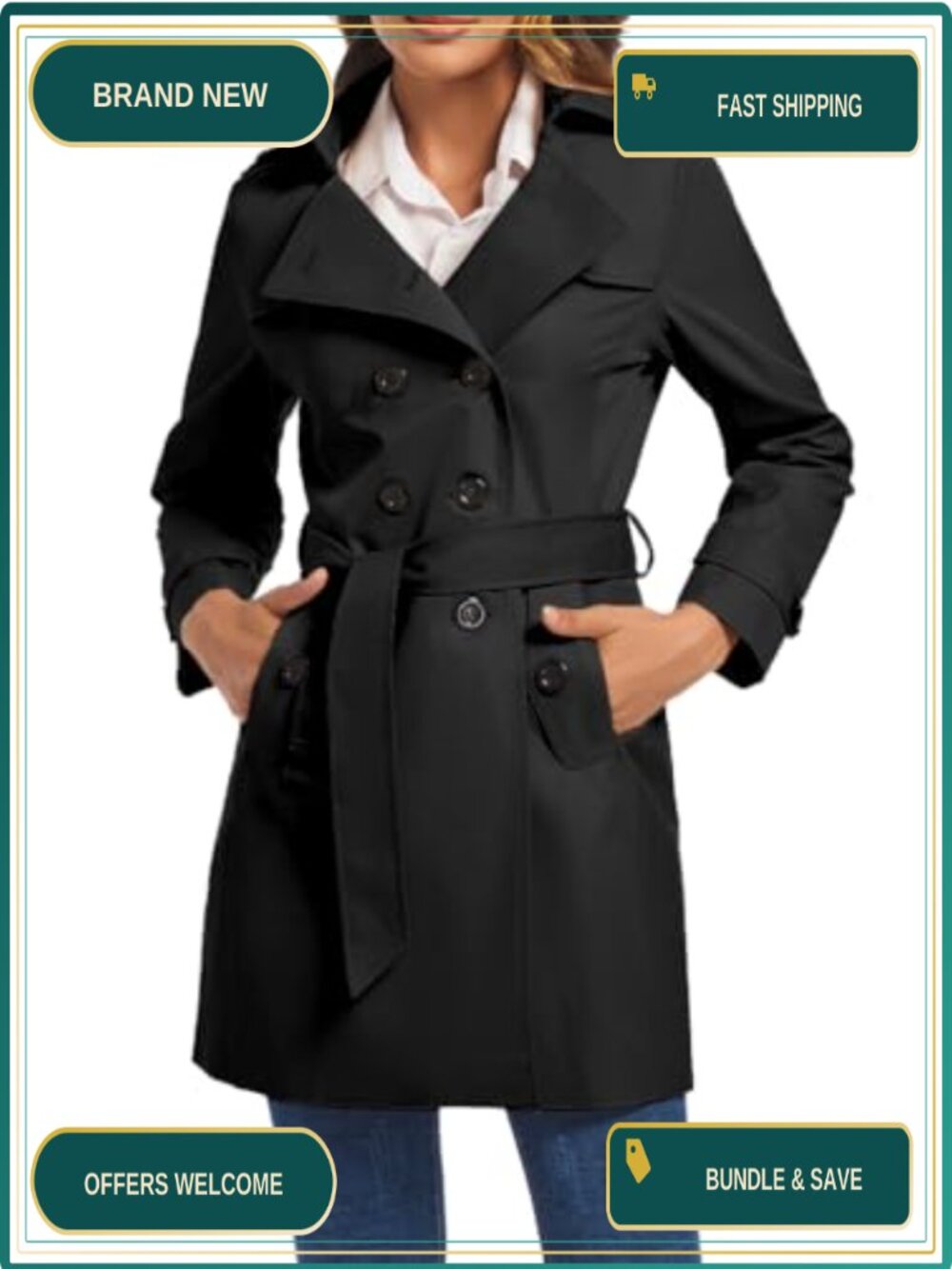 Women's Double Breasted Trench Coat Water Resistant Belted Lapel Overcoat